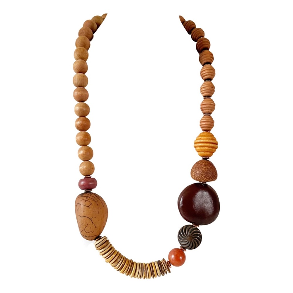 Handmade asymmetrical wooden bead statement necklace